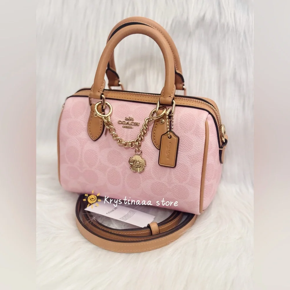 Coach Mini Rowan Bag In Signature With Charms in Powder Pink CEK79 - Picture 2 of 11
